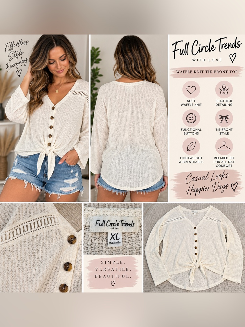 Women's Cream Waffle Knit Tie-Front Top